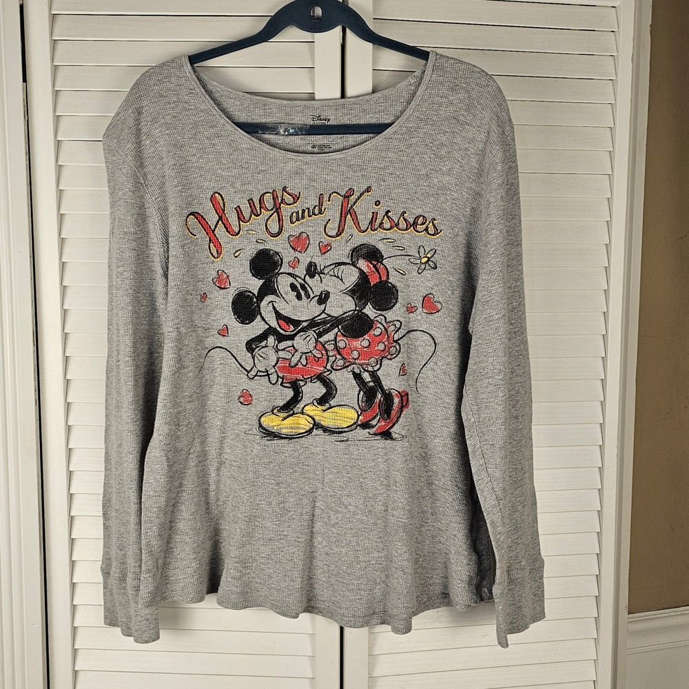 Disney Store Gray Mickey & Minnie Long Sleeve Thermal Hugs & Kisses Top XXL